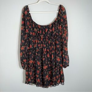 Altar'd State Tiered Dress-Black Red Floral-Semi Sheer Sleeves-XL